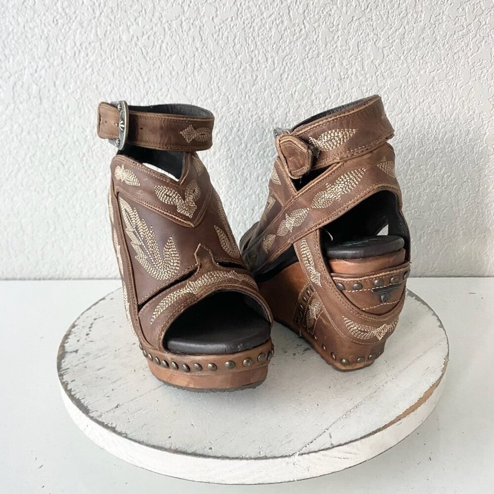 Brown Embroidered Leather Wedge Sandals